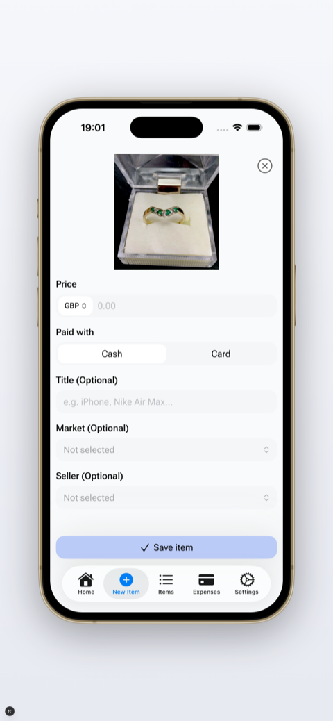 FlipperHelper app showing add item screen where you log purchase price, photos, and sourcing details