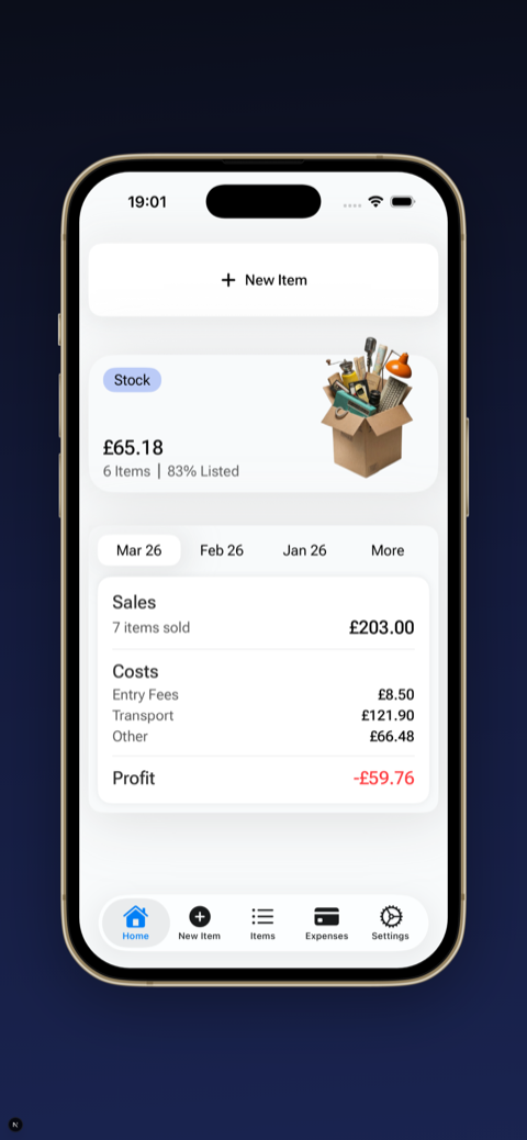 FlipperHelper app dashboard showing profit tracking, monthly summary, and items sold