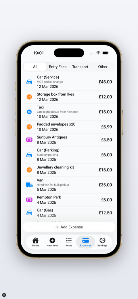 FlipperHelper app screenshot showing expense tracking for postage, entry fees, and transport costs per item