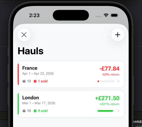 FlipperHelper Hauls list showing France trip at minus £77 and London trip at plus £271