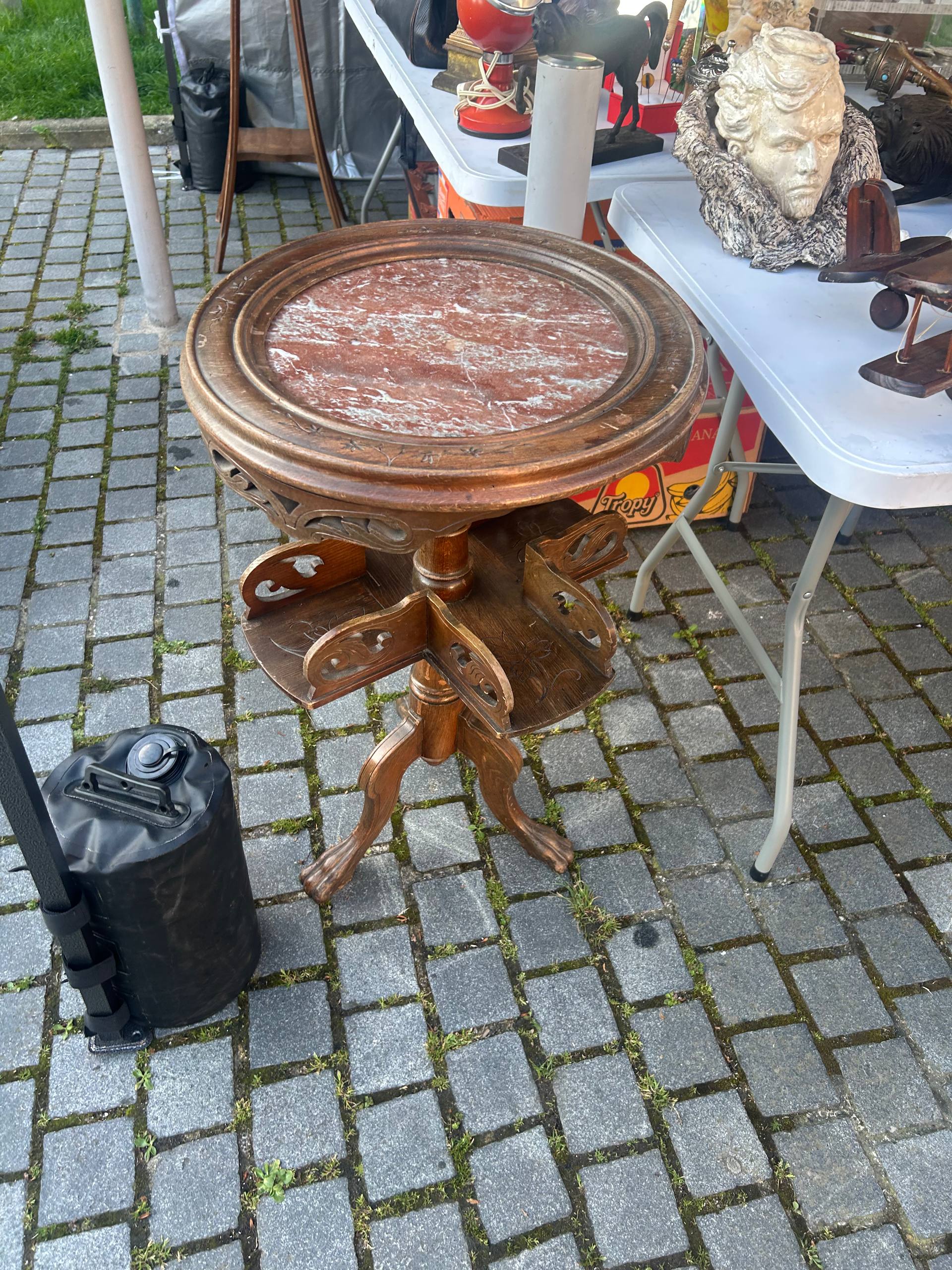 Round marble-topped antique table — typical of stock found at French sourcing trips and Saint-Ouen Marché Biron