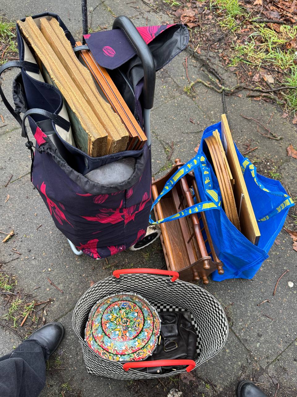 Bags of vintage paintings and prints from a UK car boot sale haul