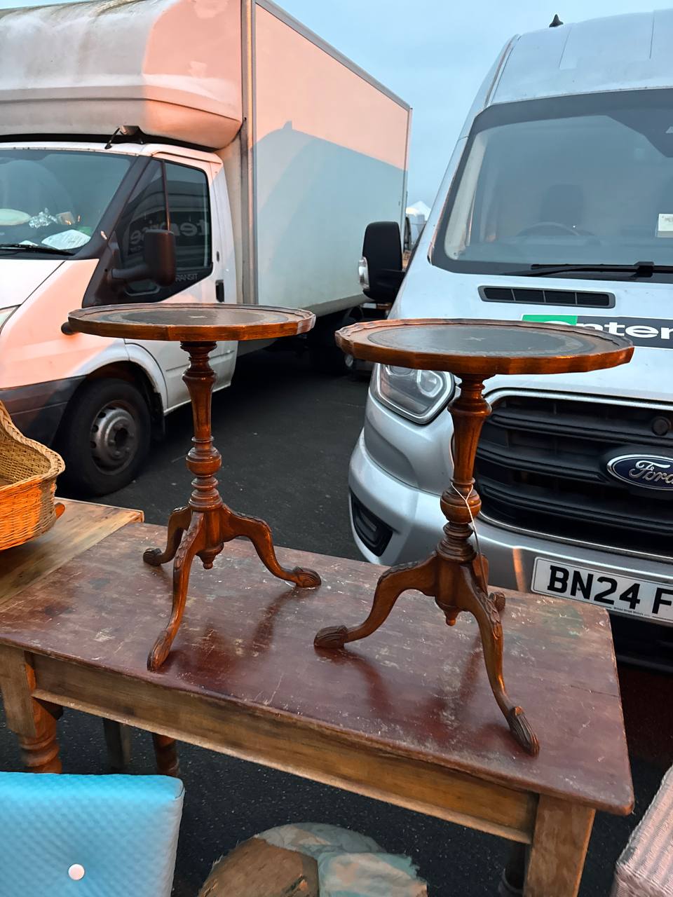 Pair of vintage tables found at a UK antiques sourcing event — the kind of stock you'd find at Newark or Ardingly trade day