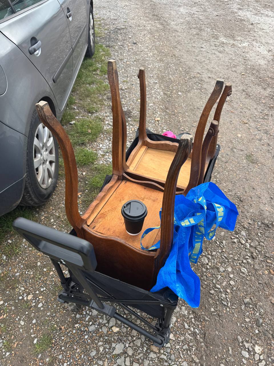 Pair of vintage bedside tables on a wheel wagon, ready for Shiply courier collection