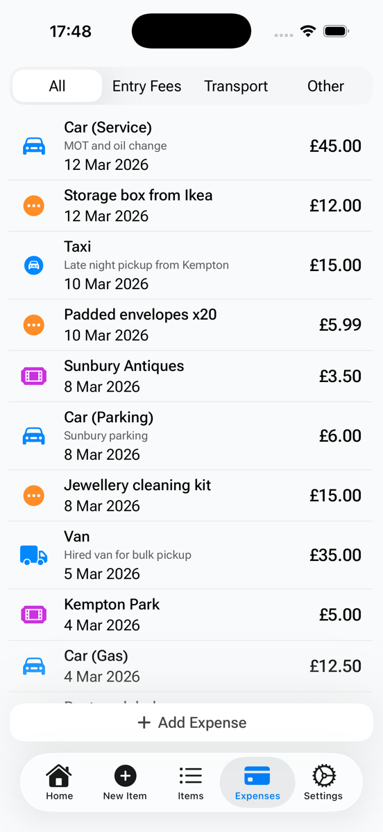 FlipperHelper expenses tab — trip costs logged by date and category: £45 car service, £15 taxi, £3.50 Sunbury Antiques entry fee, £35 hired van