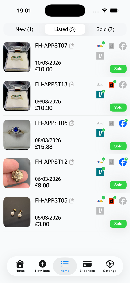 FlipperHelper listed items tab — 5 items listed on eBay, Vinted, Facebook and Depop with platform badges and listing dates