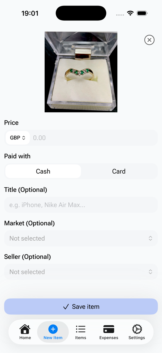 FlipperHelper new item screen — snap a photo of a ring at a car boot sale, set the price in GBP, choose cash or card payment