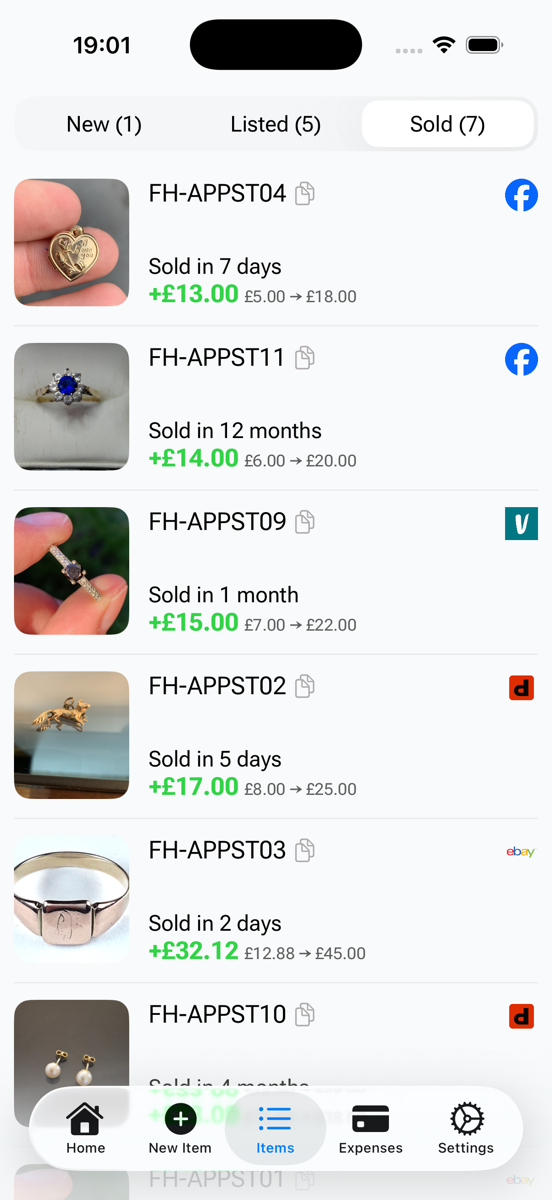FlipperHelper sold items tab — 7 sold items showing profit in green, from £13 to £32 profit per item across eBay, Vinted and Depop